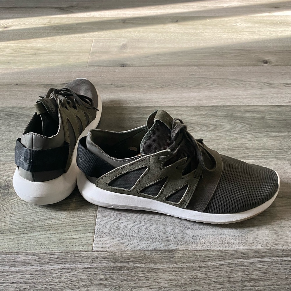 Adidas tubular sneakers dark grey green color women’s size 8.5